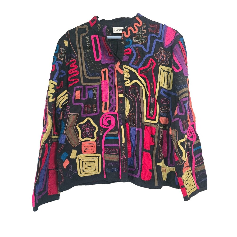 Chico's Women's Size 2 (Large) Jacket Boho Artsy Art to Wear Embroidered Snap
